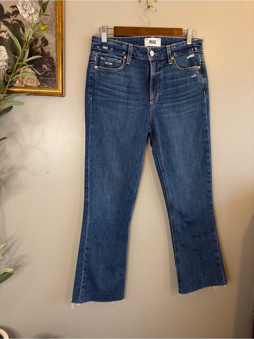 PAIGE Colette Crop Flare Jeans Womens 27 Blue Distressed Raw Hem High Rise - Picture 4 of 8